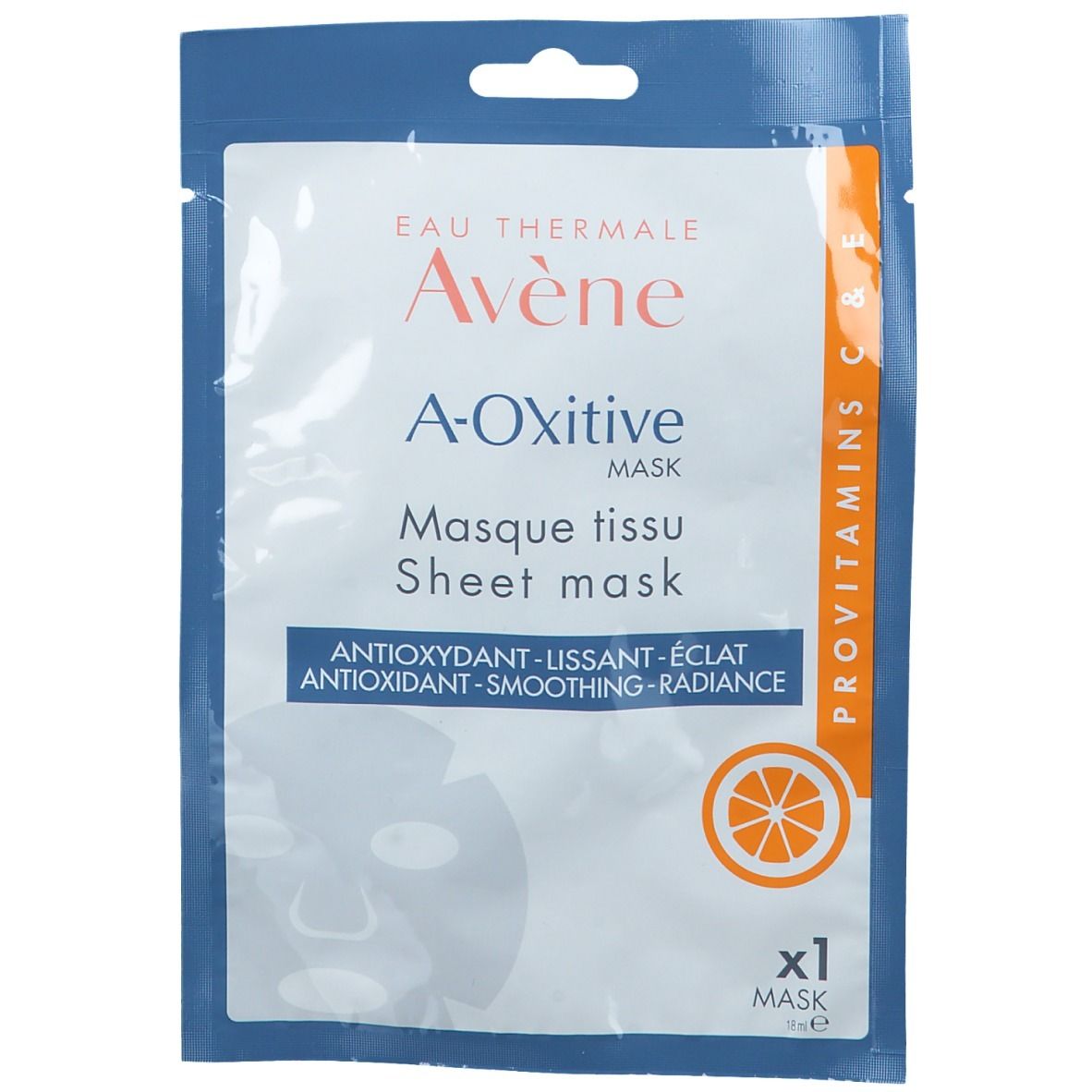 Confezione maschera in tessuto Avène A-Oxitive. Fronte con nome prodotto, testo e illustrazione arancione. Confezione singola.