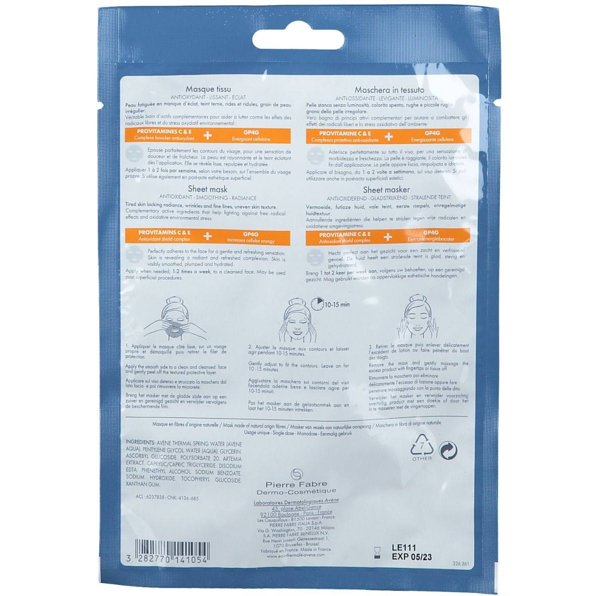Retro confezione maschera in tessuto Avène A-Oxitive. Testo multilingue, istruzioni per l'uso e ingredienti.