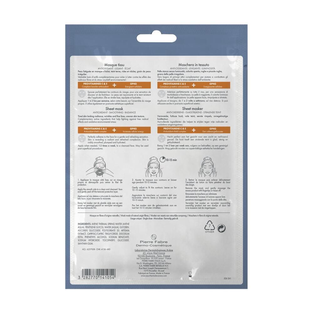 Retro confezione maschera in tessuto Avène A-Oxitive. Testo multilingue, istruzioni per l'uso e ingredienti.