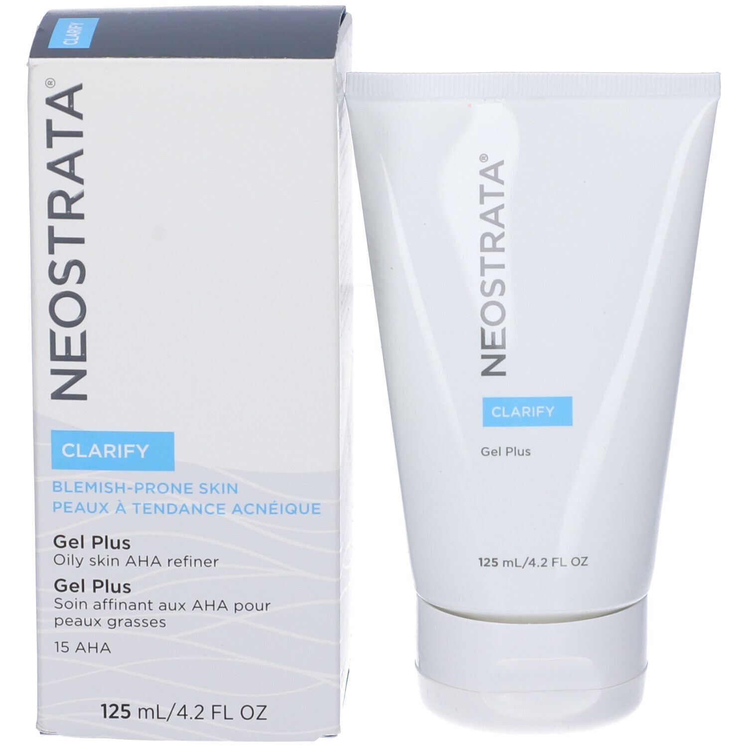 Confezione e tubo del prodotto. Scritta: NEOSTRATA, CLARIFY, Gel Plus. Scatola: Pelli a tendenza acneica. Tubo: 125 ml/4.2 FL OZ.