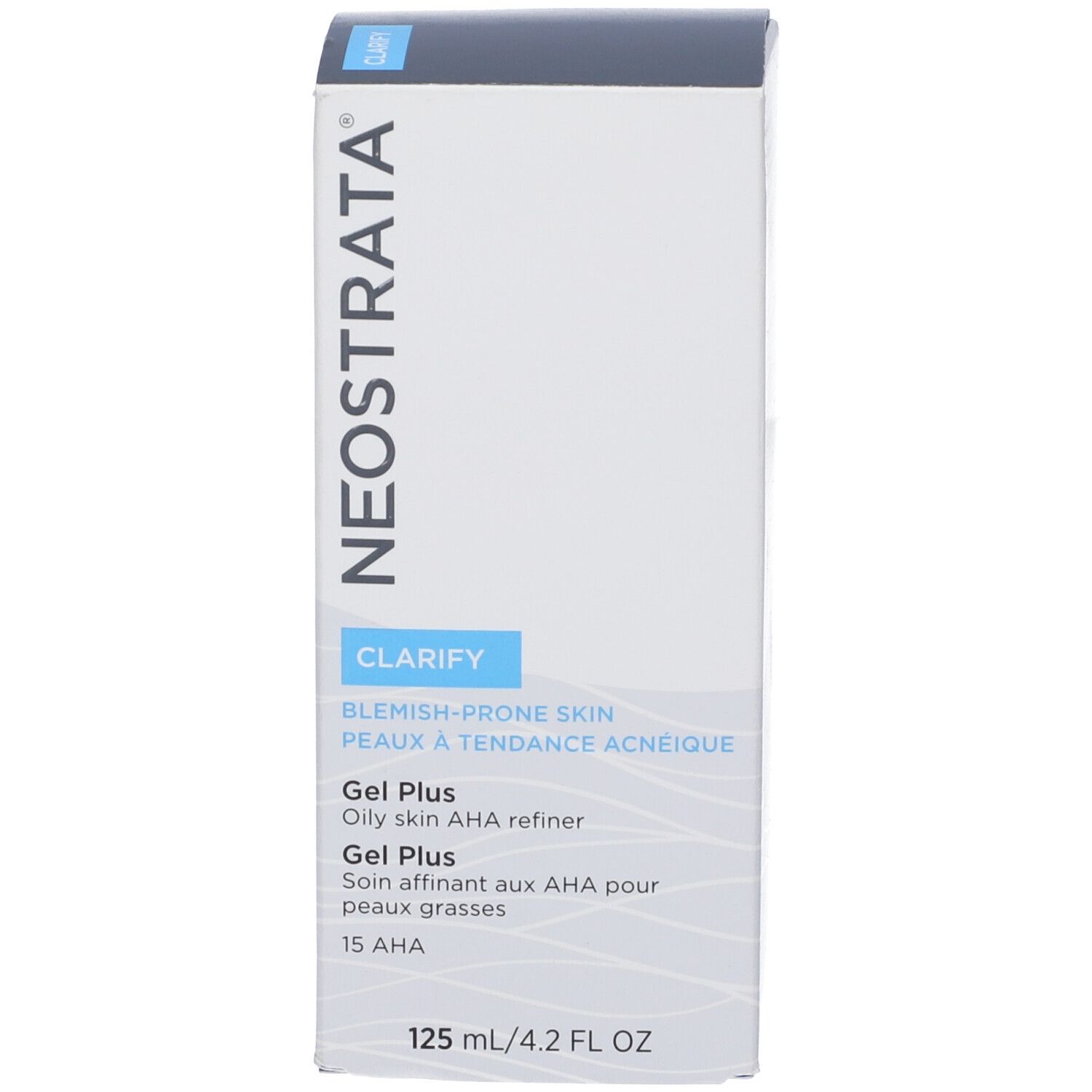 Confezione del prodotto. Scritta: NEOSTRATA, CLARIFY, Gel Plus. Scatola: Pelli a tendenza acneica. 125 ml/4.2 FL OZ.