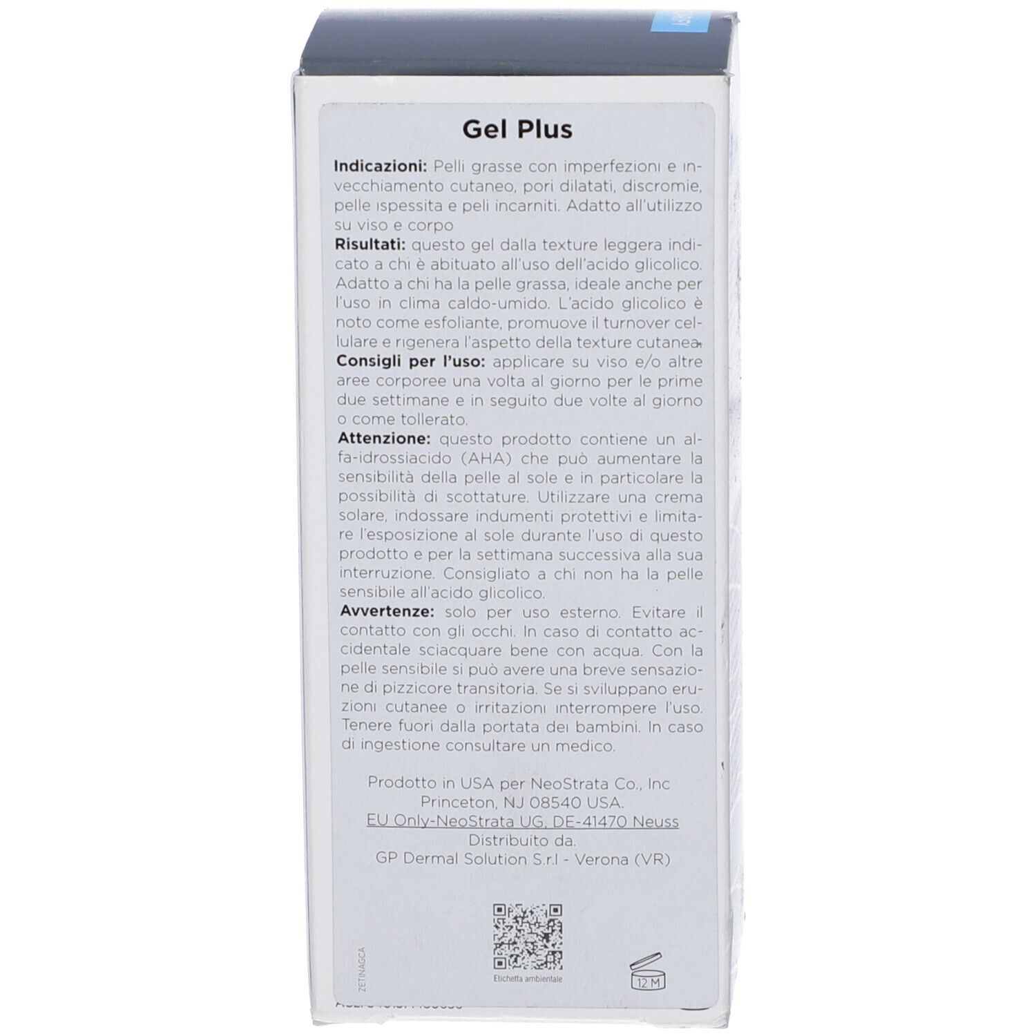 Lato della confezione del prodotto. Testo in italiano. Informazioni sul prodotto e l'uso.