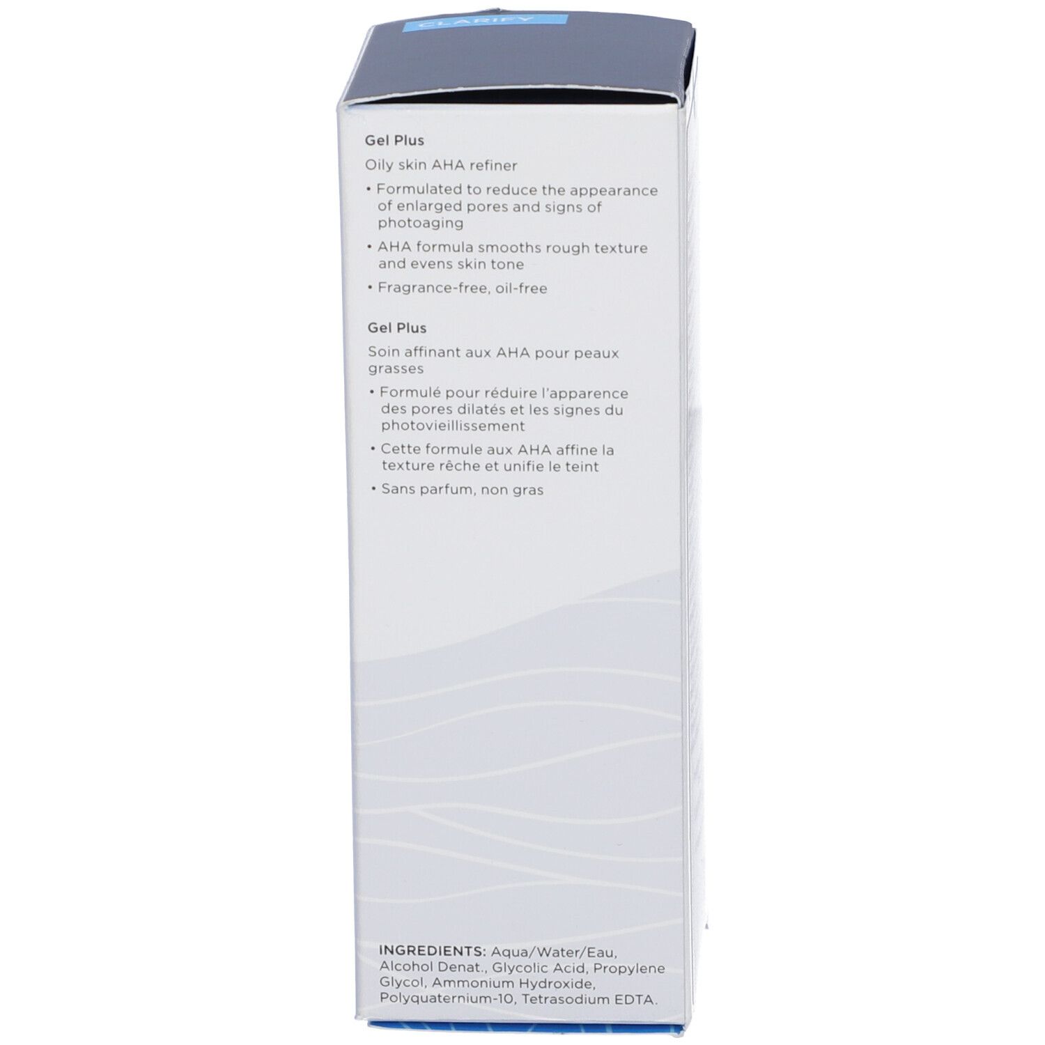 Lato della confezione del prodotto. Testo in inglese. Descrizione del prodotto e ingredienti.