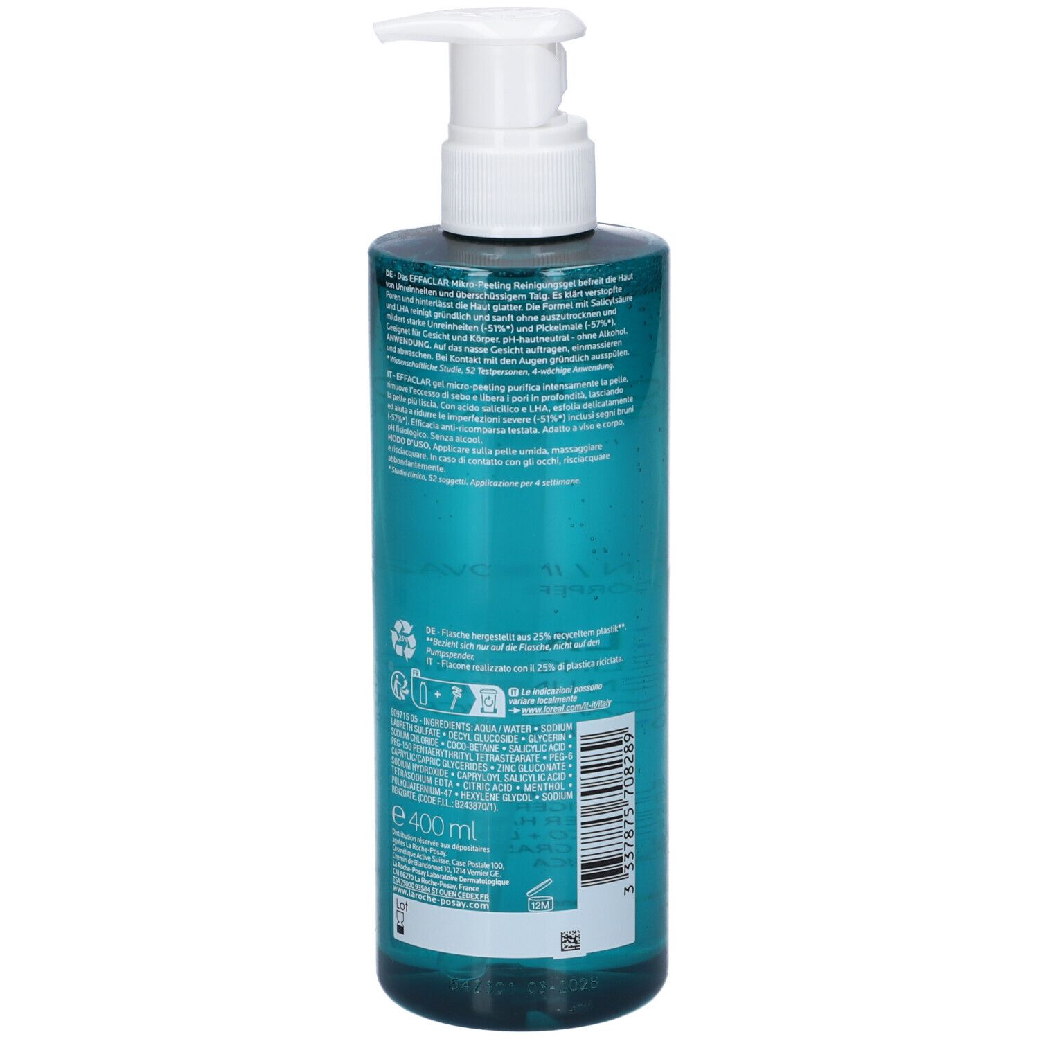 Retro di un flacone blu trasparente con testo. Scritta: LA ROCHE-POSAY EFFACLAR Gel Nettoyant Mikro-Peeling. Eco-etichette.