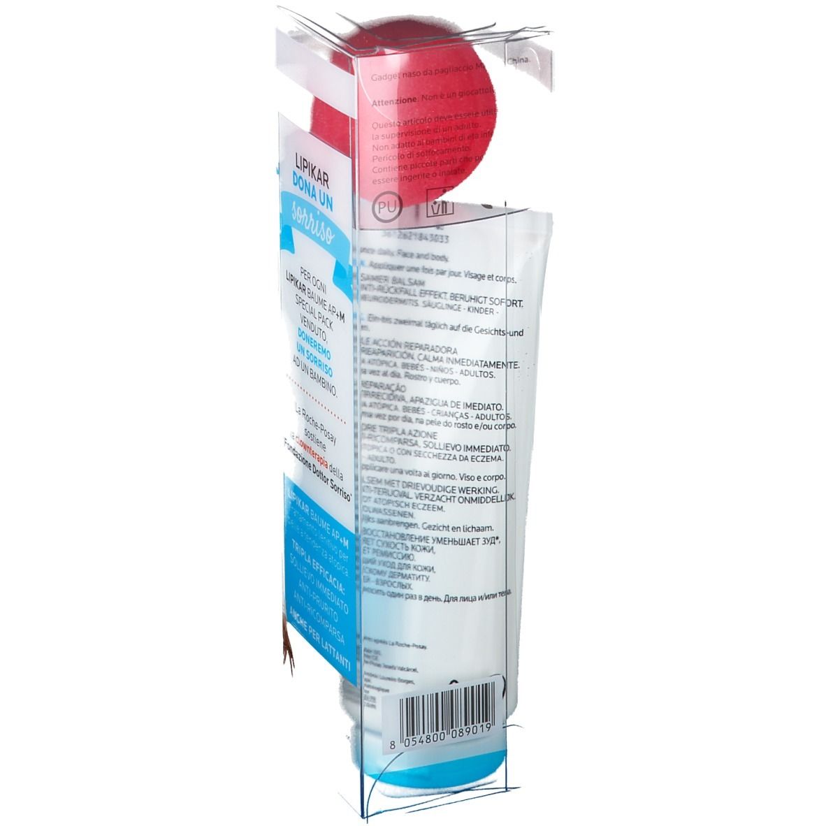 La Roche-Posay Lipikar Balsamo in confezione. Retro con testo. Per viso e corpo. Tripla efficacia.