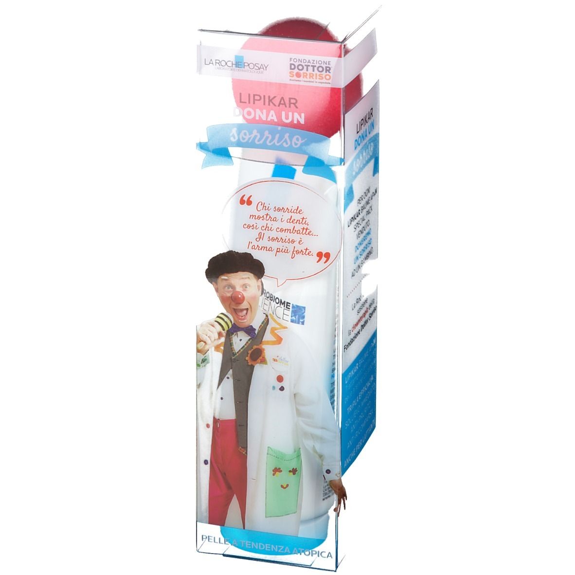 La Roche-Posay Lipikar Balsamo in confezione. Illustrazione di clown. Testo: Lipikar Dona un Sorriso. Per pelli sensibili.