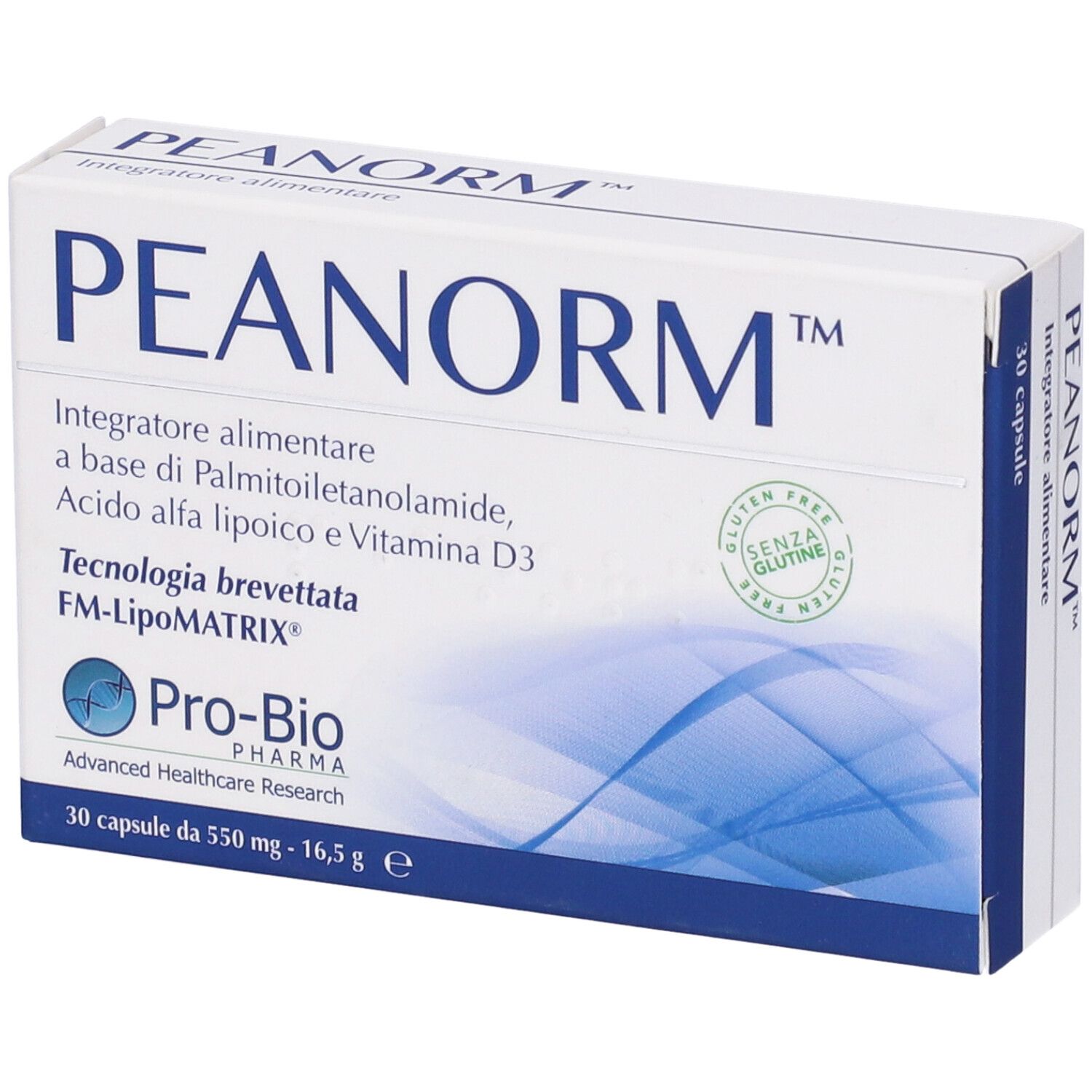 Scatola bianca di capsule PEANORM. Scritta: Integratore alimentare, 30 capsule. Logo Pro-Bio Pharma. Senza glutine.