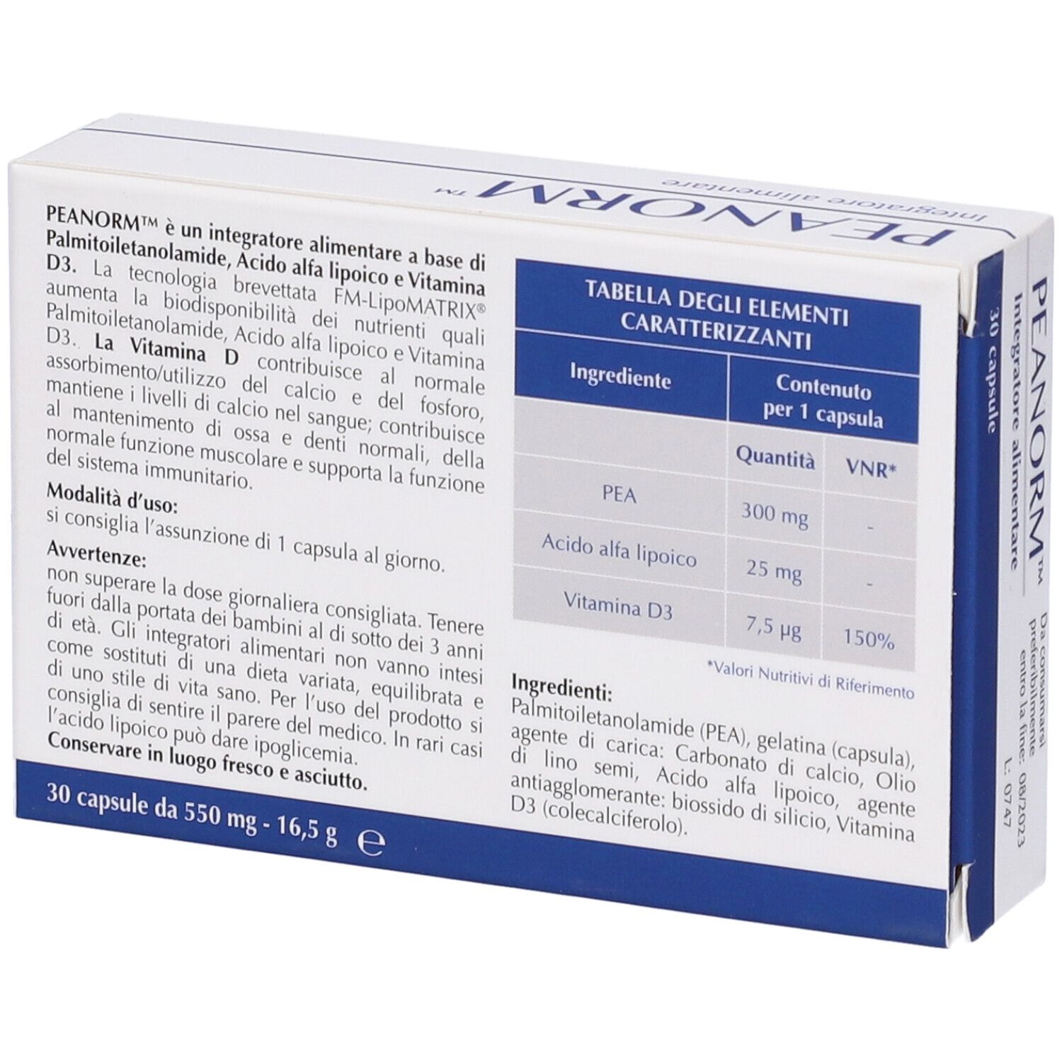 Retro della scatola di capsule PEANORM. Testo: Ingredienti, dosaggio, avvertenze. Logo Pro-Bio Pharma. 30 capsule.