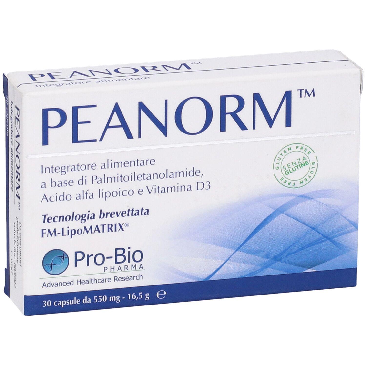 Scatola bianca di capsule PEANORM. Scritta: Integratore alimentare, 30 capsule. Logo Pro-Bio Pharma. Senza glutine.
