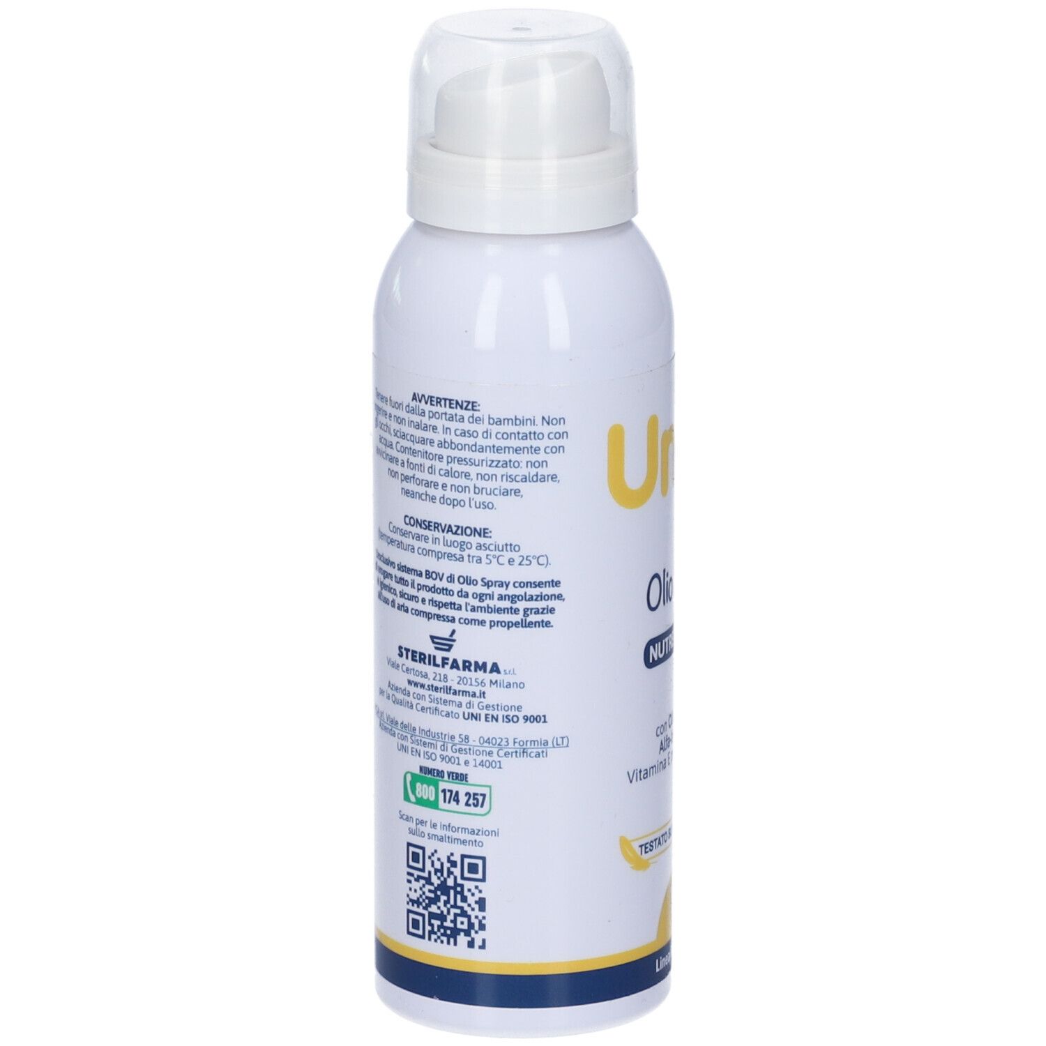 Retro del flacone spray. Testo in italiano. Contiene avvertenze, ingredienti e informazioni di contatto.