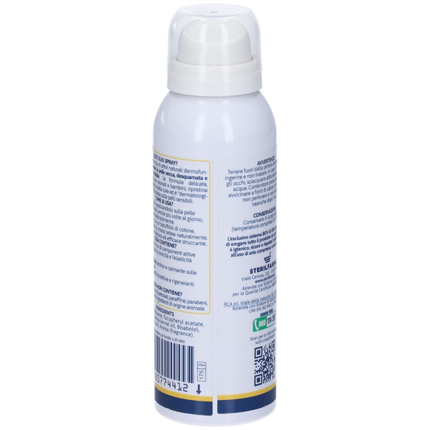 Retro del flacone spray. Testo in italiano. Contiene informazioni sull'uso e gli ingredienti.