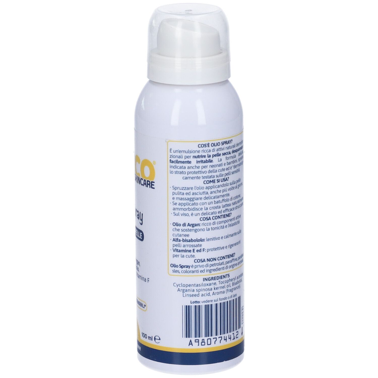 Retro del flacone spray. Testo in italiano. Contiene informazioni sull'uso e gli ingredienti.