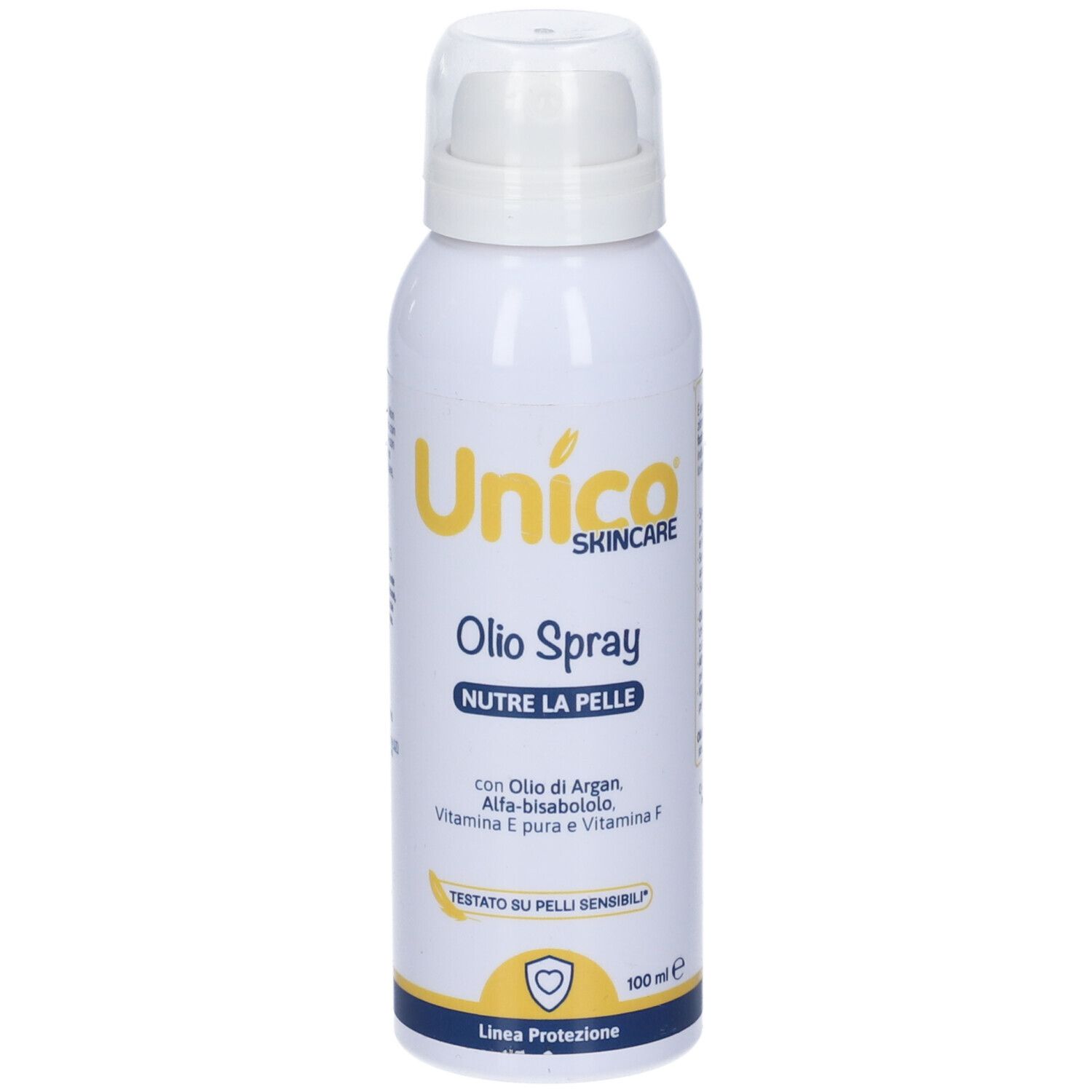 Spray bianco con dettagli gialli e blu. Scritta: Unico Skincare, Olio Spray, Nutre la pelle. Con olio di Argan, vitamina E.