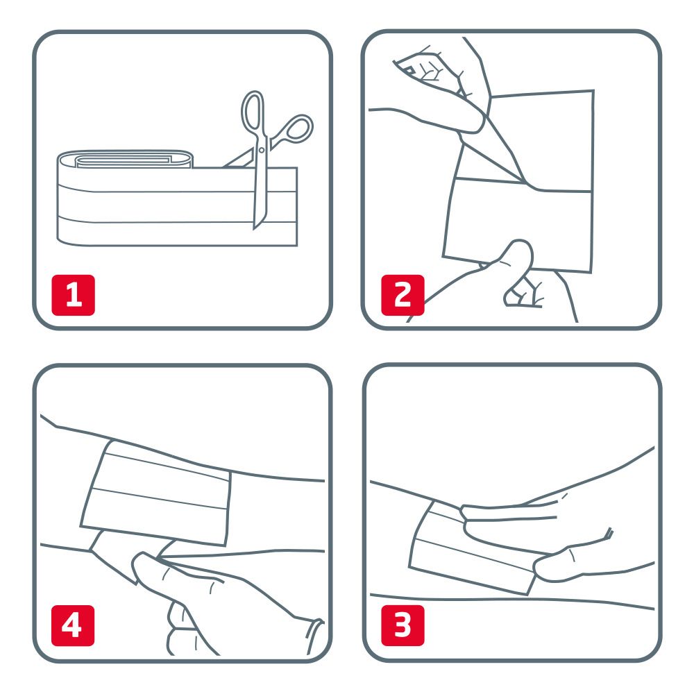 Istruzioni per l'applicazione dei cerotti. 4 passaggi: tagliare, staccare, applicare, premere. Illustrazioni con mani.