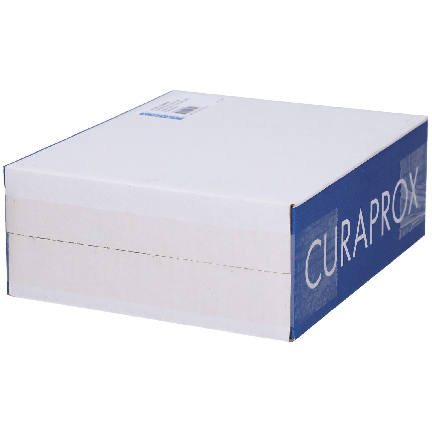 Scatola con scritta CURAPROX. Imballaggio blu e bianco. Vista laterale.