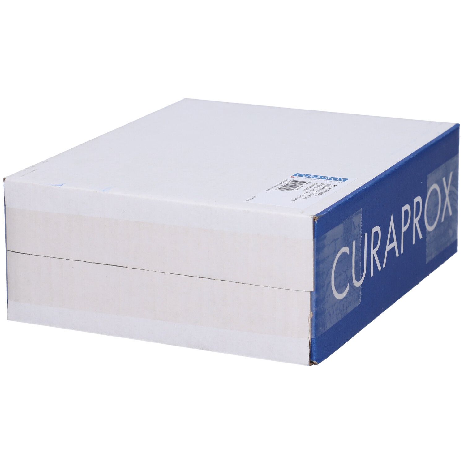 Scatola con scritta CURAPROX. Imballaggio blu e bianco. Vista laterale.