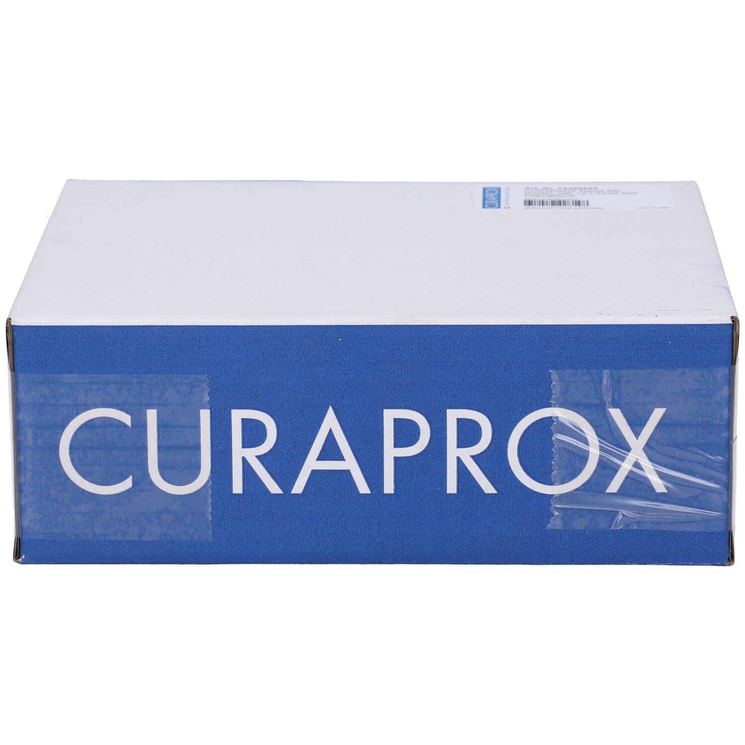 Scatola con scritta CURAPROX. Imballaggio blu e bianco. Vista laterale.
