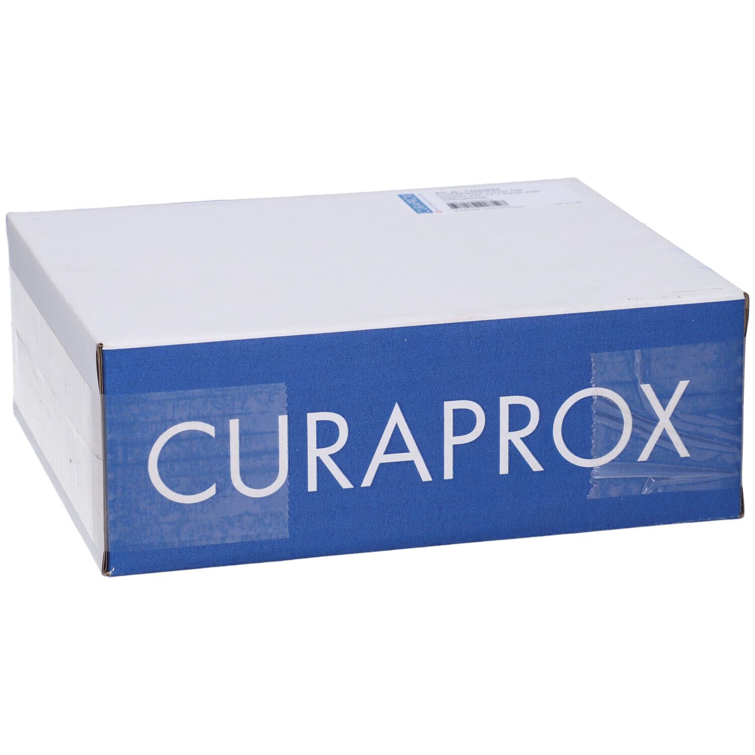 Scatola con scritta CURAPROX. Imballaggio blu e bianco. Vista laterale.