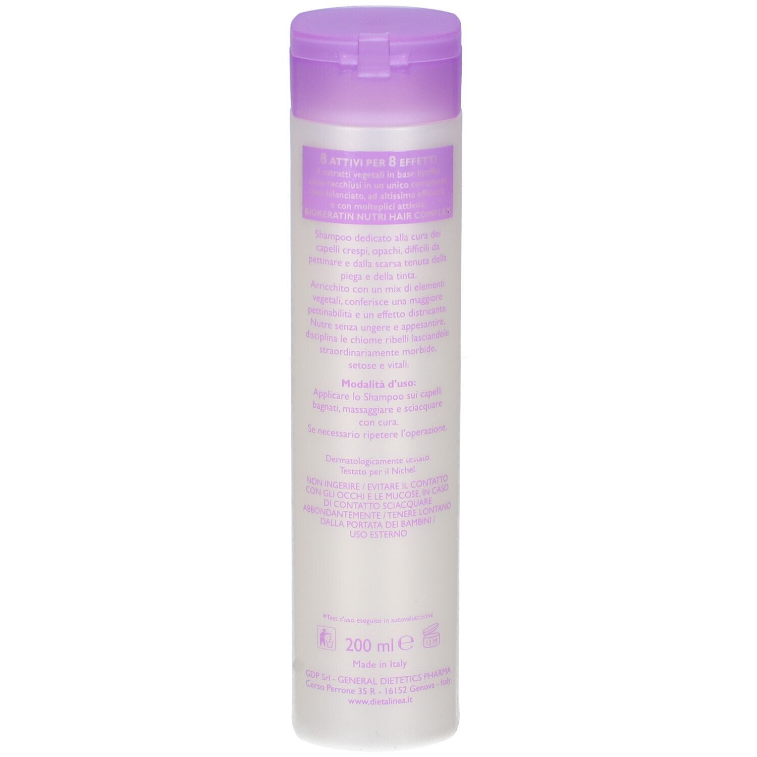 Retro di un flacone di shampoo. Testo in viola. In basso: 200 ml. Marchio DIETALINEA. Prodotto in Italia.