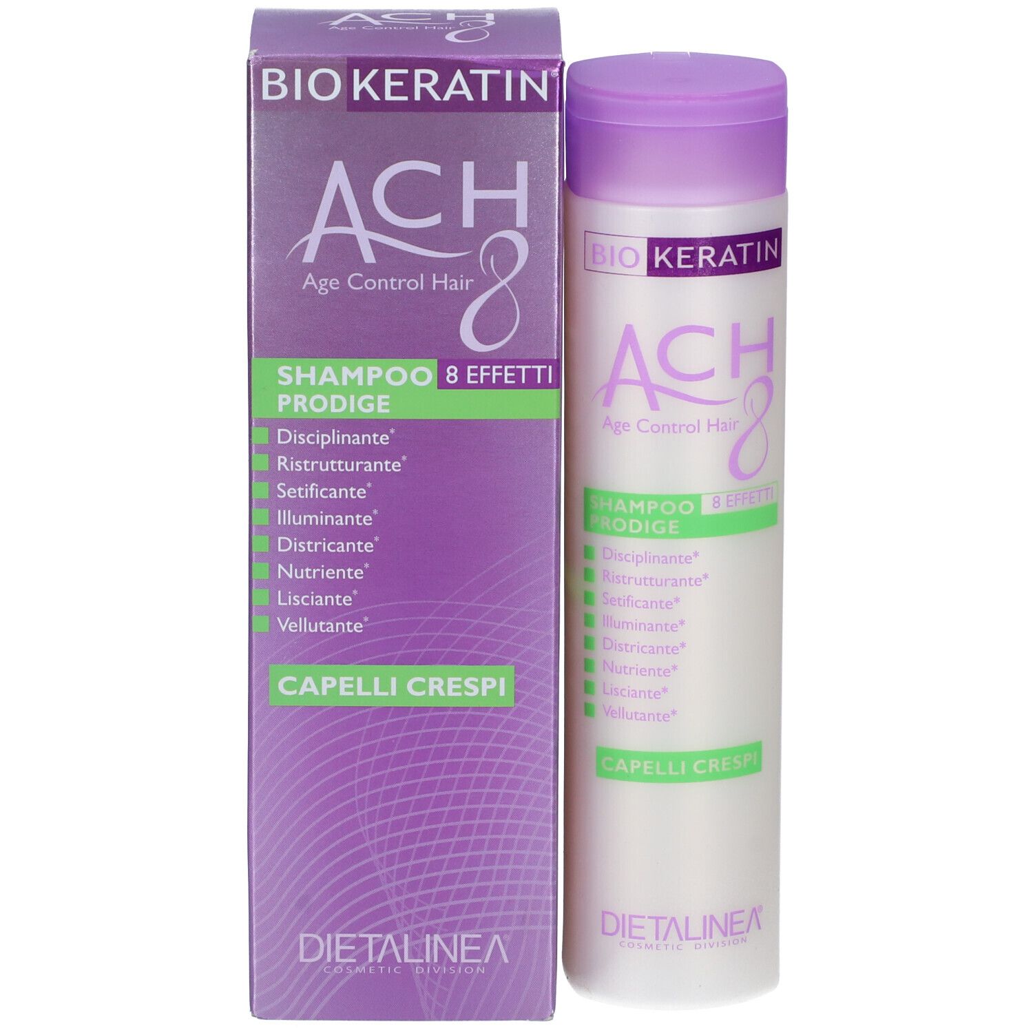 Flacone di shampoo e scatola. Scritte: BIO KERATIN, ACH8, Shampoo Prodige, Capelli Crespi. Marchio DIETALINEA.