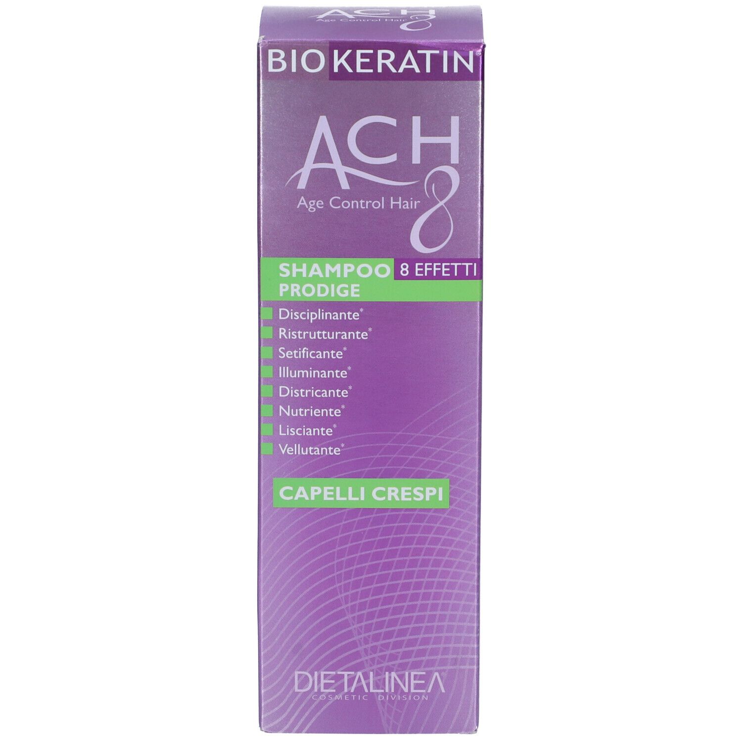 Scatola di shampoo. Scritte: BIO KERATIN, ACH8, Shampoo Prodige, Capelli Crespi. Marchio DIETALINEA.