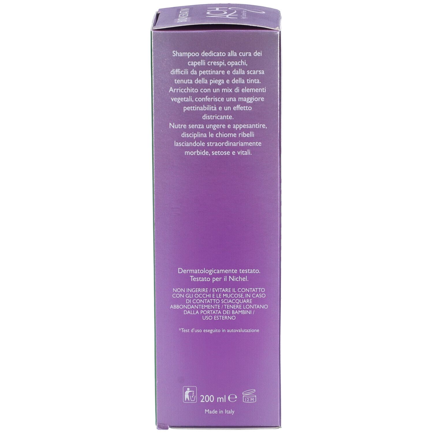 Retro della scatola di shampoo. Testo in viola. In basso: 200 ml. Prodotto in Italia.