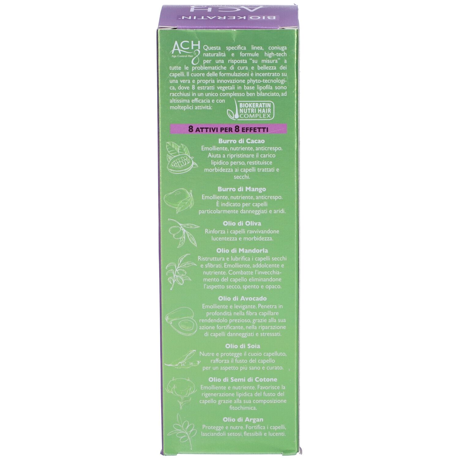 Lato della scatola di shampoo. Elenco ingredienti: burri, oli. Marchio BIO KERATIN NUTRI HAIR COMPLEX.