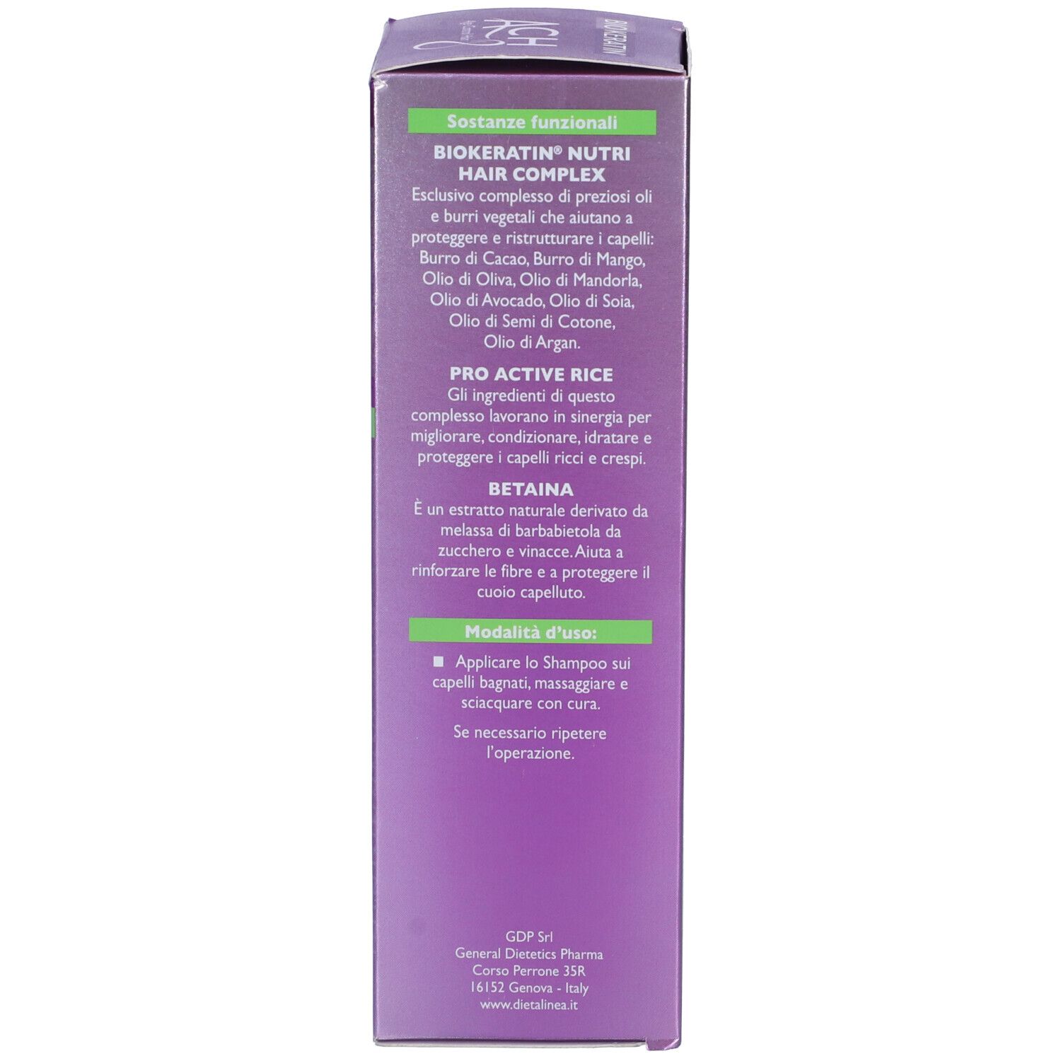 Lato della scatola di shampoo. Testo sugli ingredienti e l'uso. Marchio BIO KERATIN NUTRI HAIR COMPLEX.