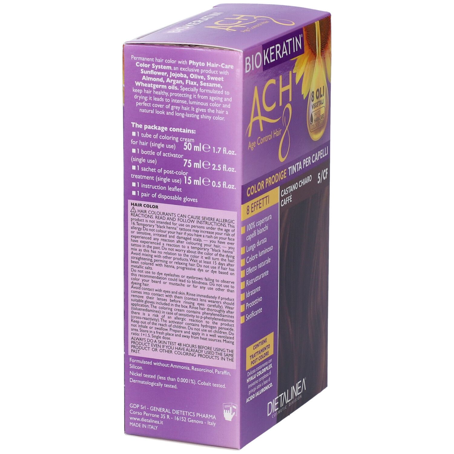 Vista laterale della scatola di tinta per capelli BIOKERATIN ACH8. Contiene 8 oli. Testo: 'Castano Chiaro Caffè'.