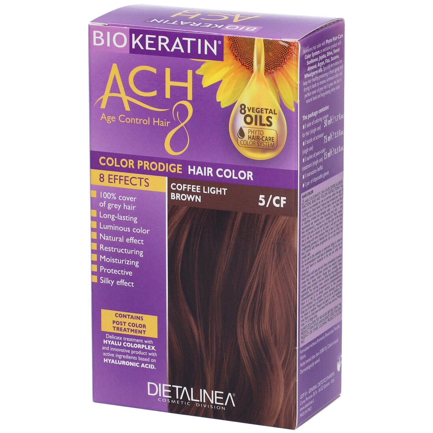 Scatola di tinta per capelli BIOKERATIN ACH8, colore Coffee Light Brown 5/CF. Contiene 8 oli.