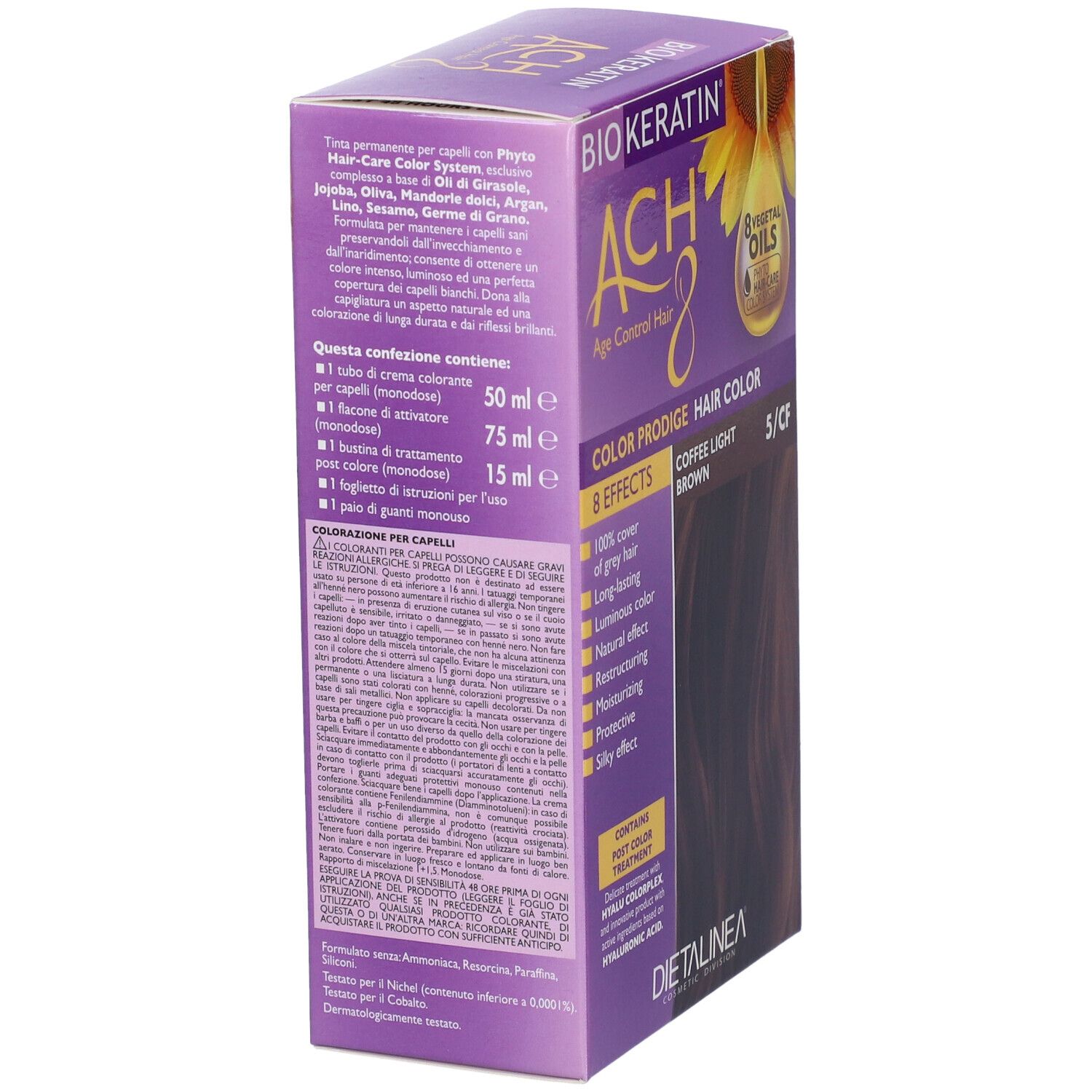 Vista laterale della scatola di tinta per capelli BIOKERATIN ACH8. Contiene 8 oli. Testo: 'Coffee Light Brown'.