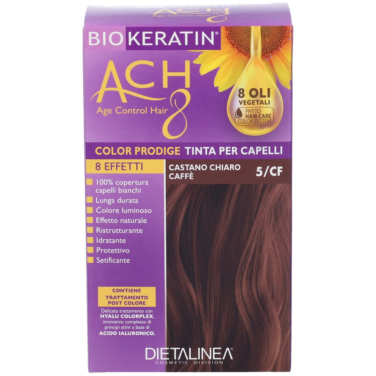 Scatola di tinta per capelli BIOKERATIN ACH8, colore 5/CF. Testo: 'Castano Chiaro Caffè'. Contiene 8 oli.