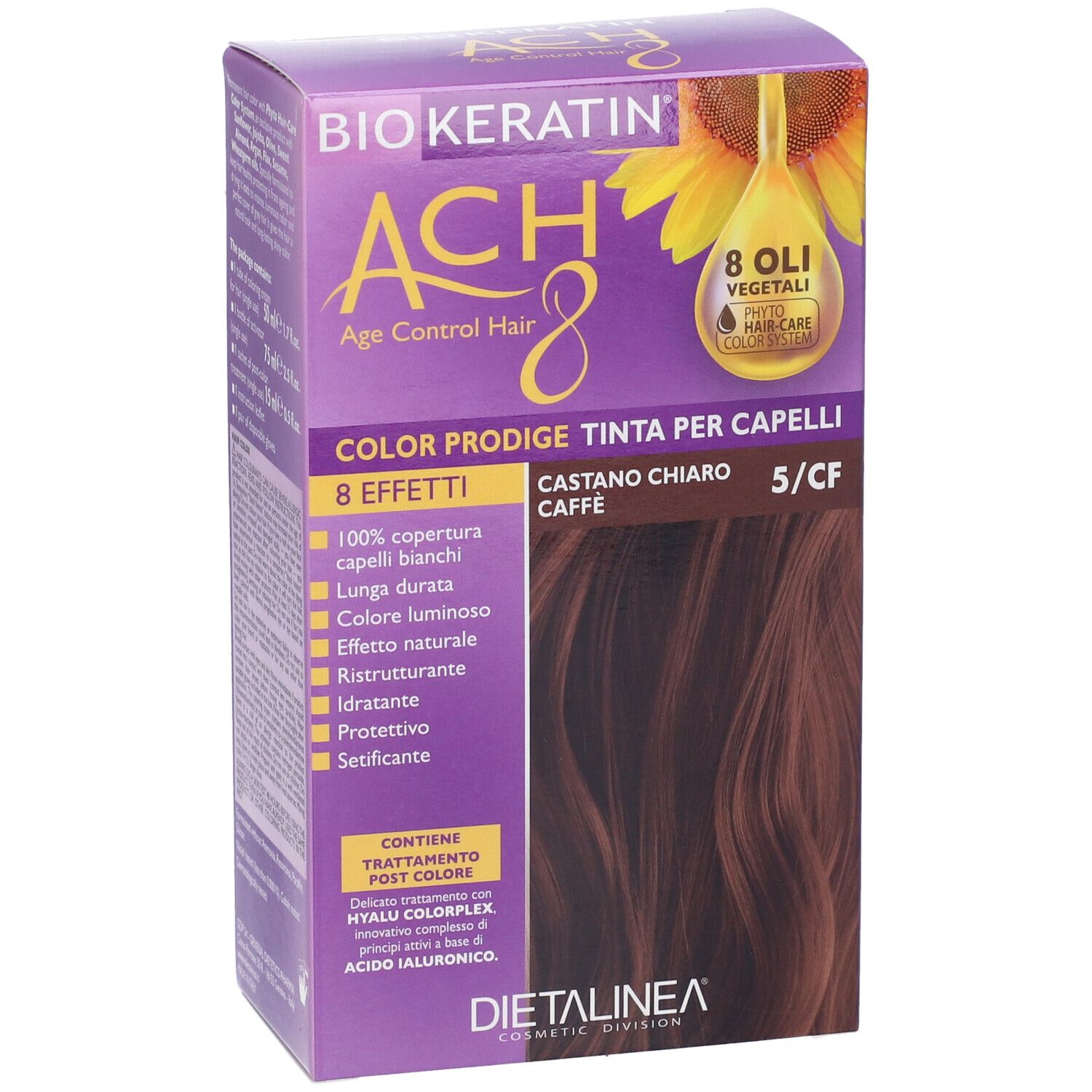 Scatola di tinta per capelli BIOKERATIN ACH8, colore 5/CF. Testo: 'Castano Chiaro Caffè'. Contiene 8 oli.