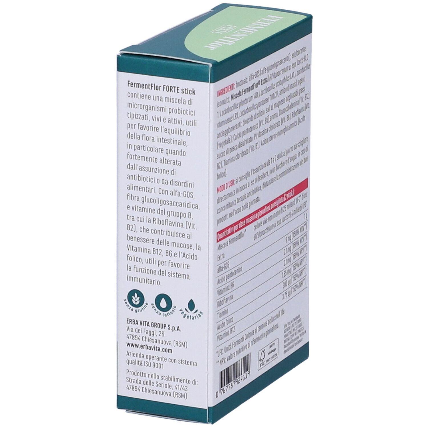 Lato scatola FERMENTFLOR FORTE. Contiene informazioni su ingredienti e utilizzo. Testo in italiano.