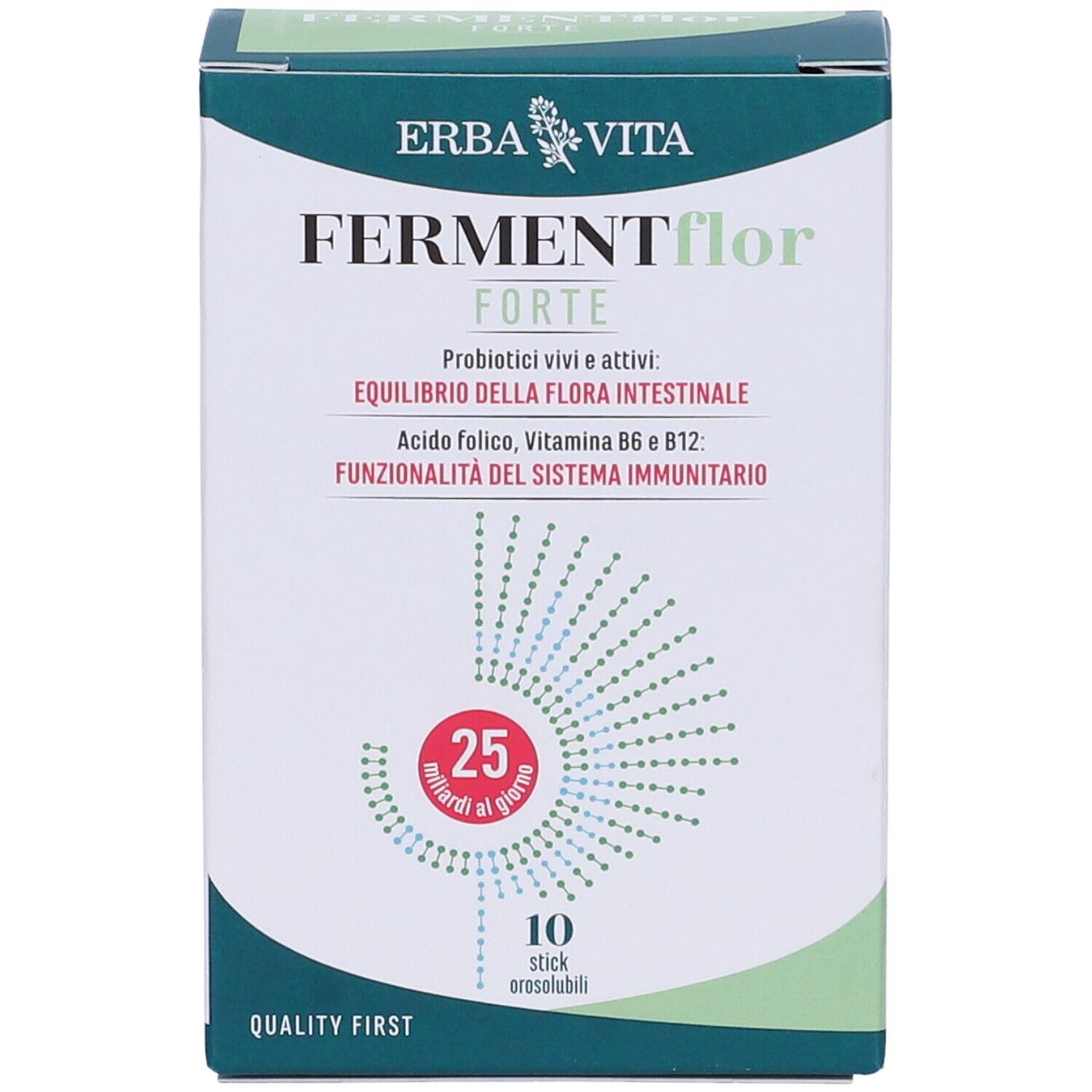 Scatola FERMENTFLOR FORTE. Contiene 10 stick. Scritto: probiotici, vitamine, equilibrio della flora intestinale.
