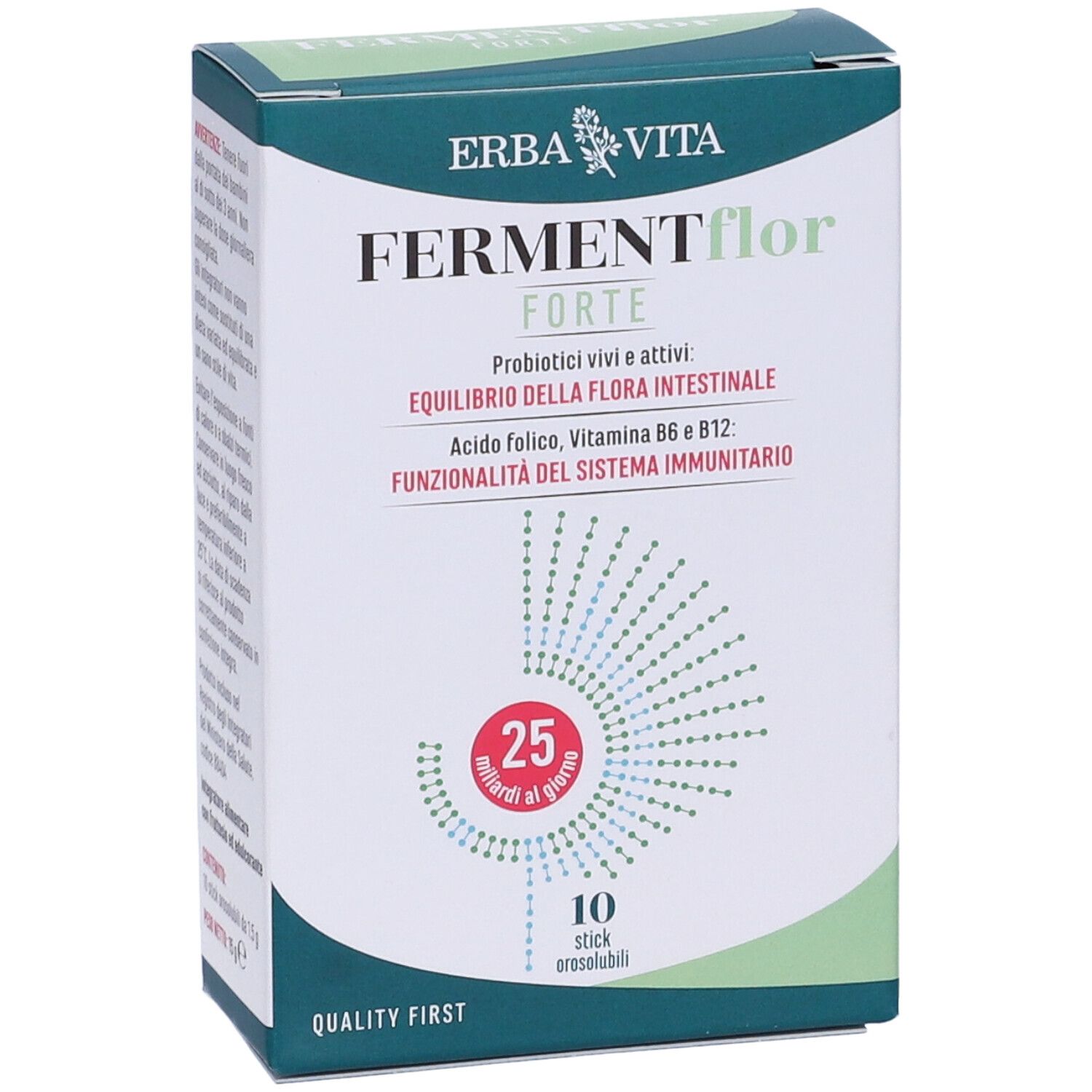 Scatola FERMENTFLOR FORTE. Contiene 10 stick. Scritto: probiotici, vitamine, equilibrio della flora intestinale.