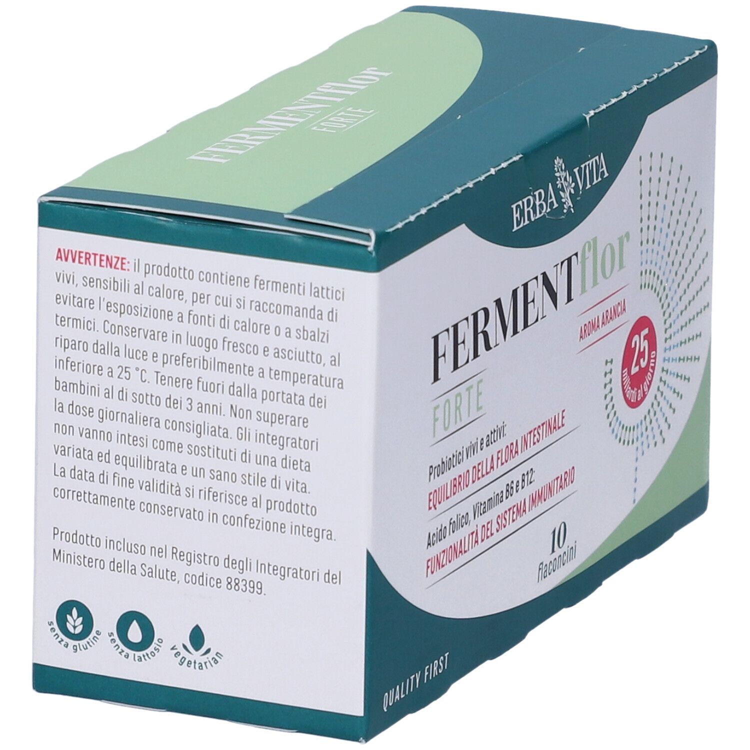 Confezione di Fermentflor Forte Flaconcini. Marca Erba Vita. Testo: probiotici, equilibrio della flora intestinale. 10 flaconcini.