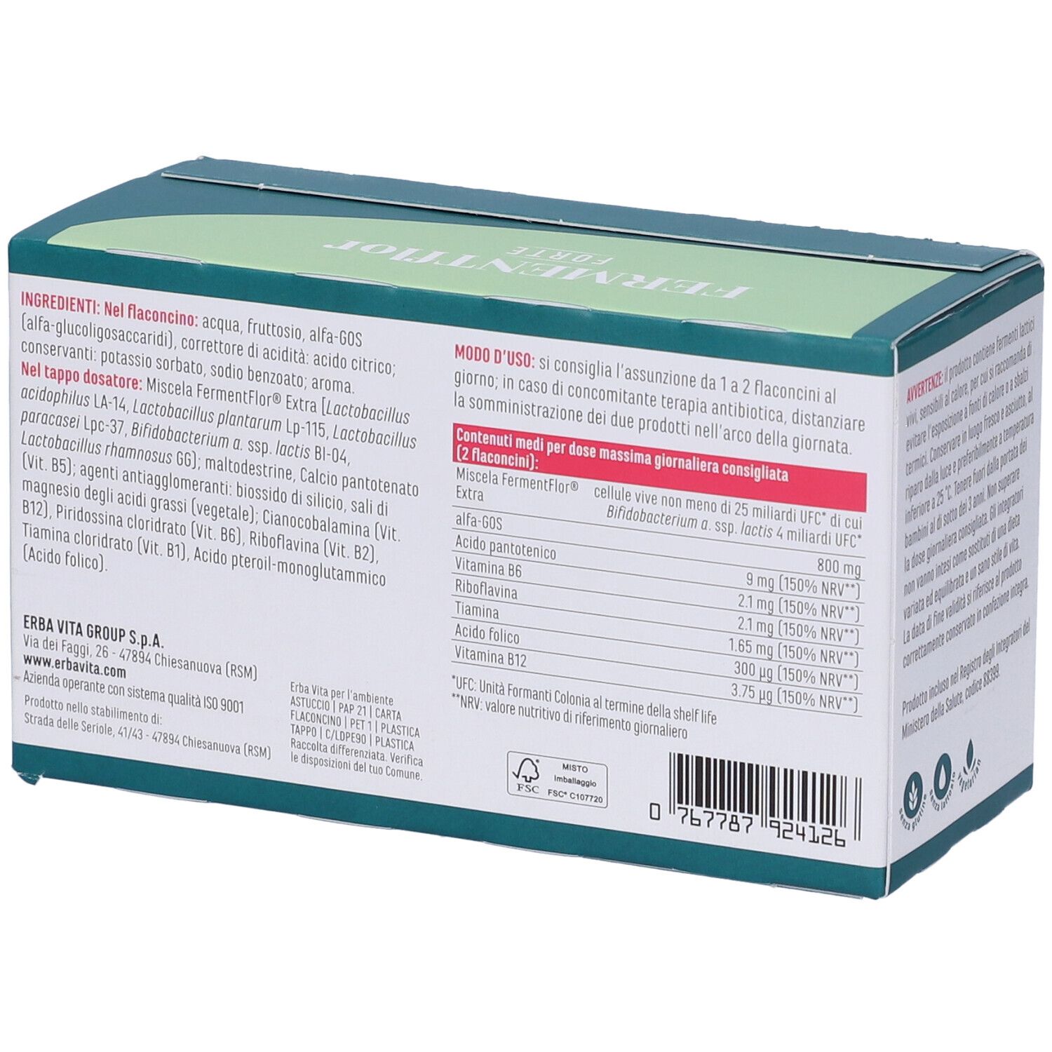 Confezione di Fermentflor Forte Flaconcini. Marca Erba Vita. Testo: ingredienti, dosaggio. 10 flaconcini. Informazioni nutrizionali.