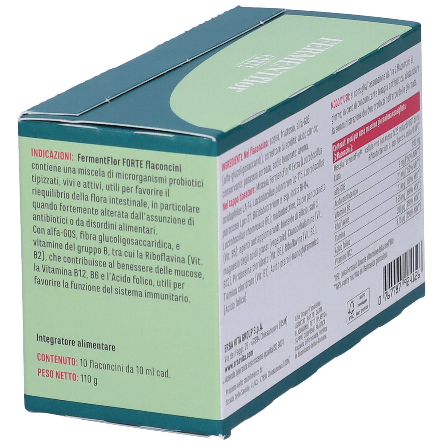 Confezione di Fermentflor Forte Flaconcini. Marca Erba Vita. Testo: indicazioni, ingredienti. 10 flaconcini. Peso 110g.