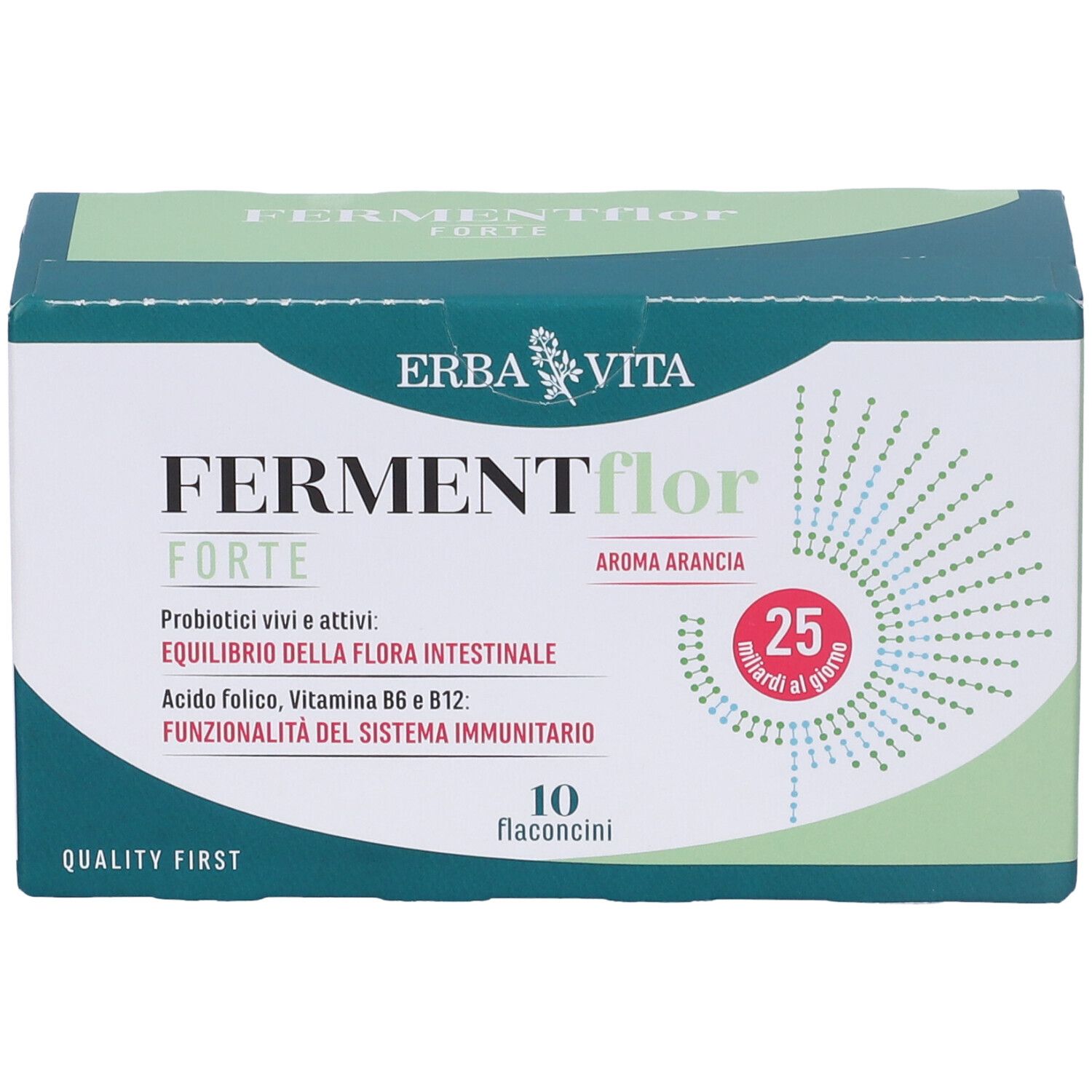 Confezione di Fermentflor Forte Flaconcini. Marca Erba Vita. 10 flaconcini. Testo: probiotici, equilibrio della flora intestinale.