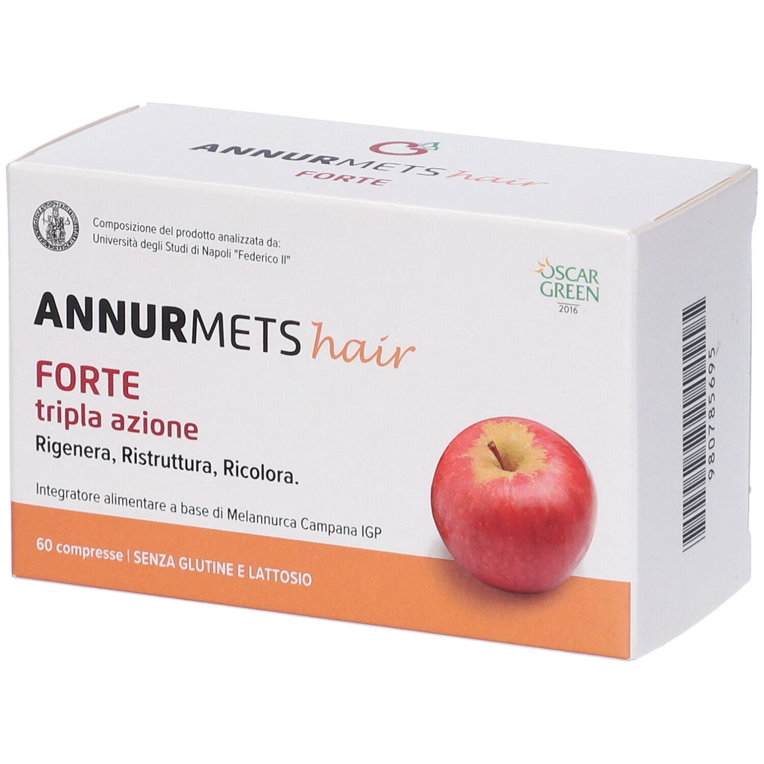 Scatola bianca con nome del prodotto e illustrazione di mela. Testo: Annurmets hair Forte, Tripla Azione, 60 Compresse. Senza glutine e lattosio.
