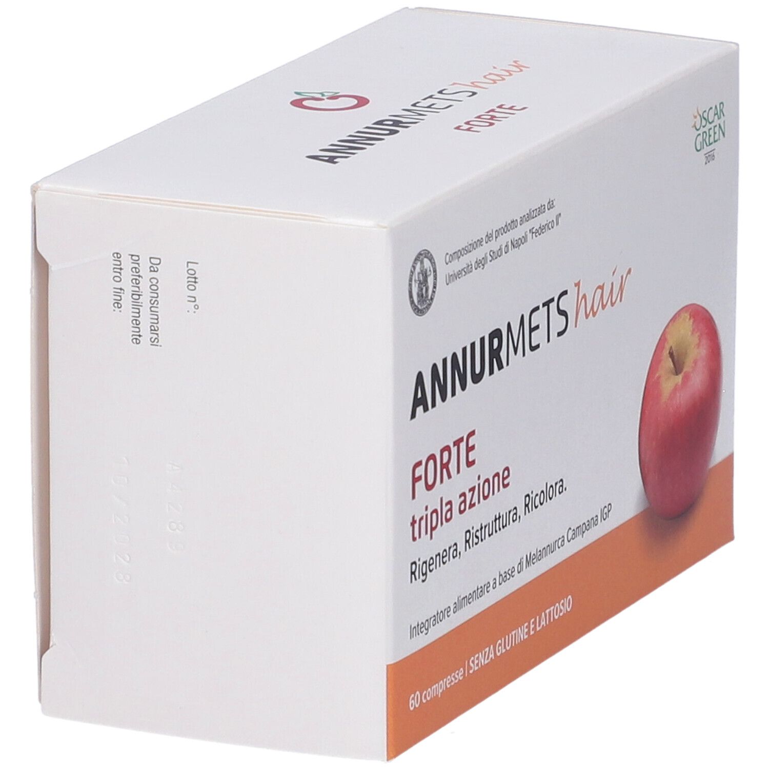 Scatola bianca con nome del prodotto e illustrazione di mela. Testo: Annurmets hair Forte, Tripla Azione, 60 Compresse. Senza glutine e lattosio.