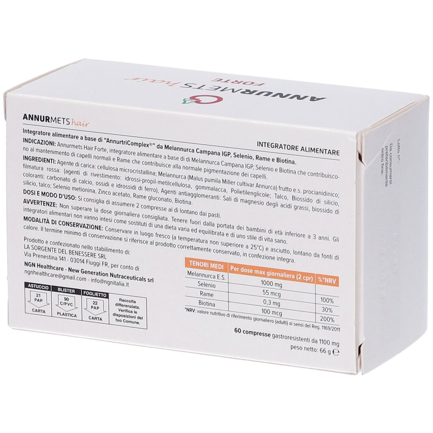 Retro della scatola bianca con informazioni sul prodotto. Testo: Annurmets hair Forte, ingredienti, dosaggio, avvertenze. 60 compresse.