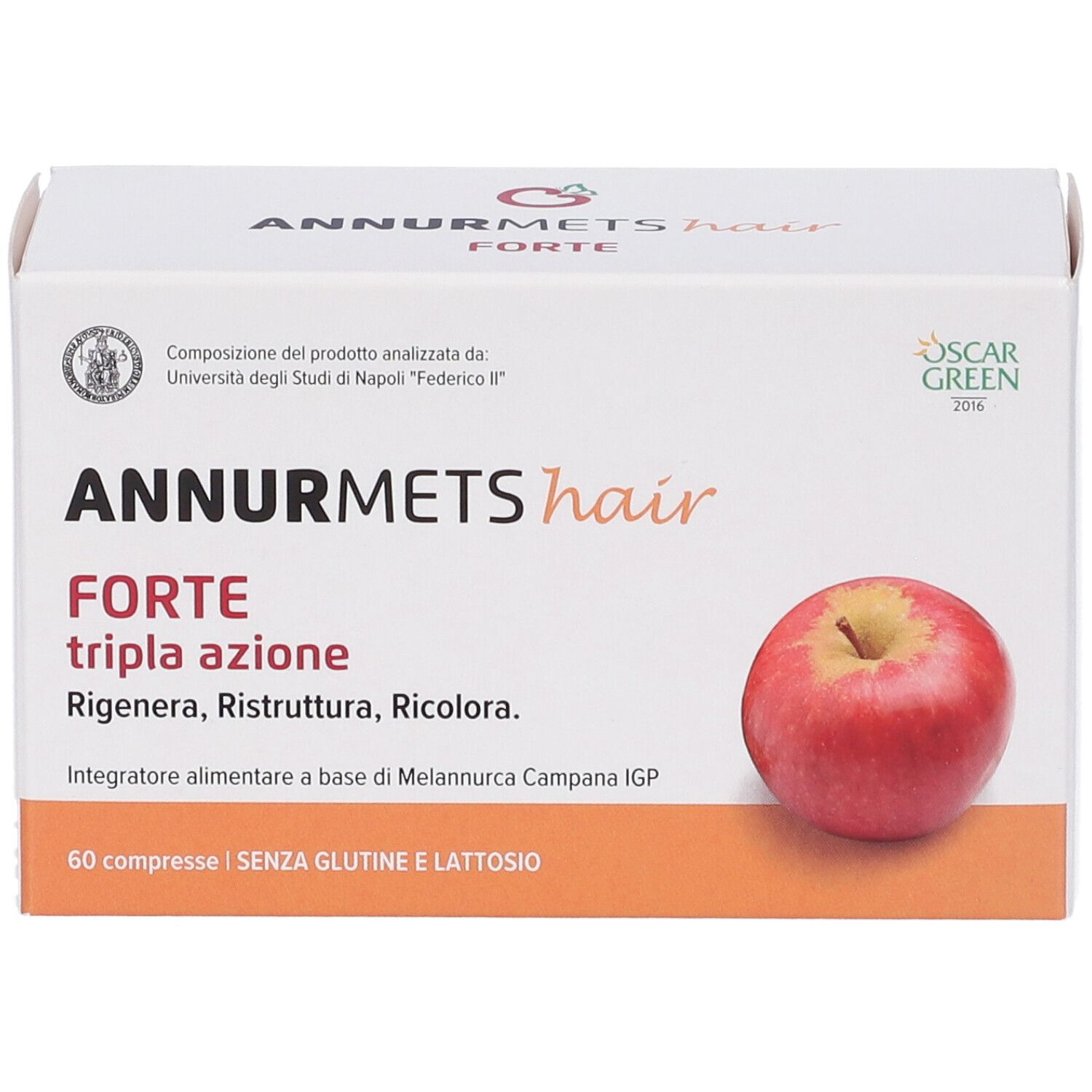Scatola bianca con nome del prodotto e illustrazione di mela. Testo: Annurmets hair Forte, Tripla Azione, 60 Compresse. Senza glutine e lattosio.