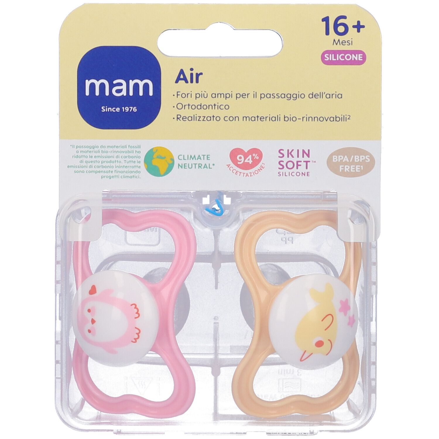 Confezione con due succhietti MAM. Succhietto rosa e arancione con motivi animali. Testo: 16+ mesi, silicone.