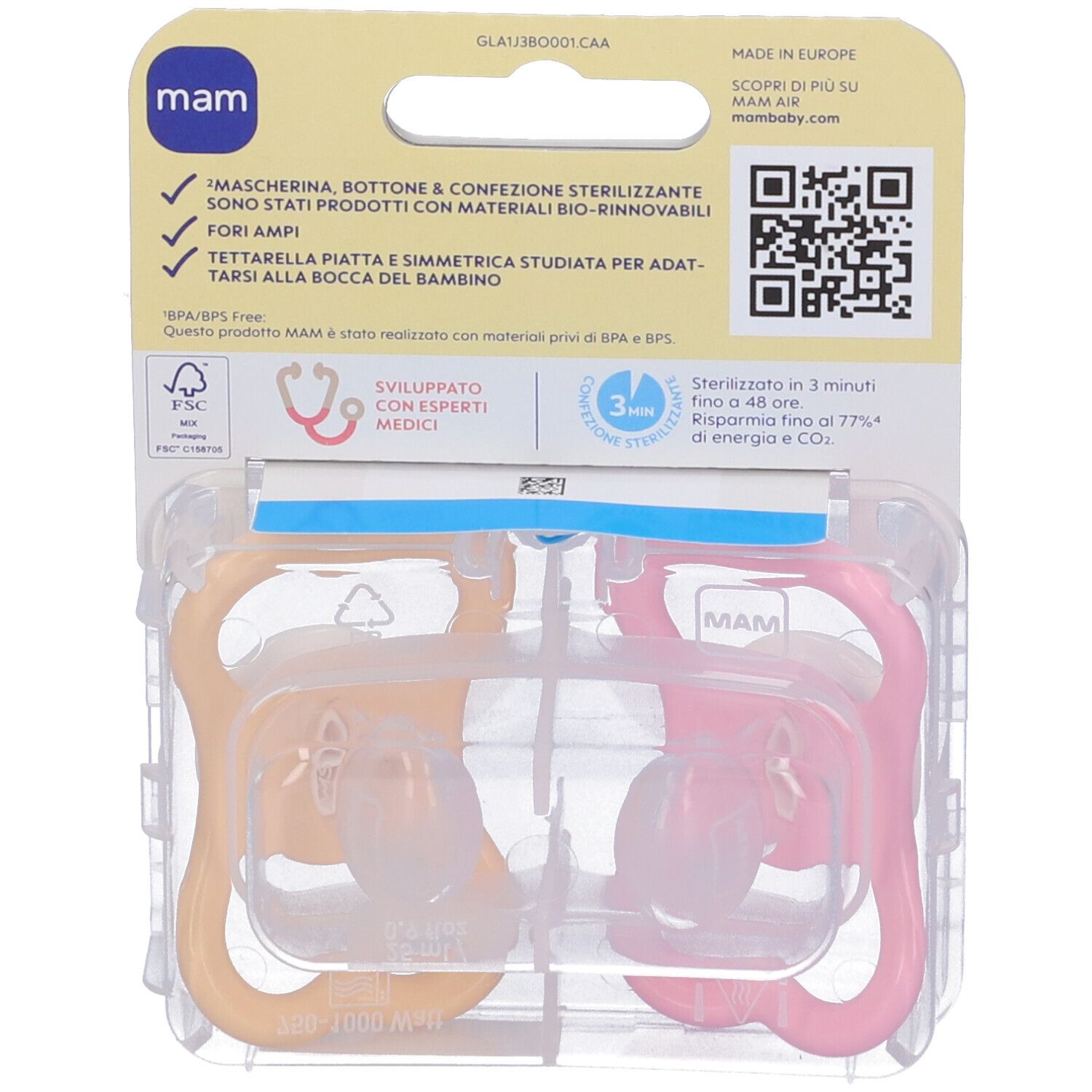 Retro della confezione con due succhietti. Marchio MAM. Testo e loghi: BPA/BPS Free, Climate Neutral, Skin Soft Silicone.