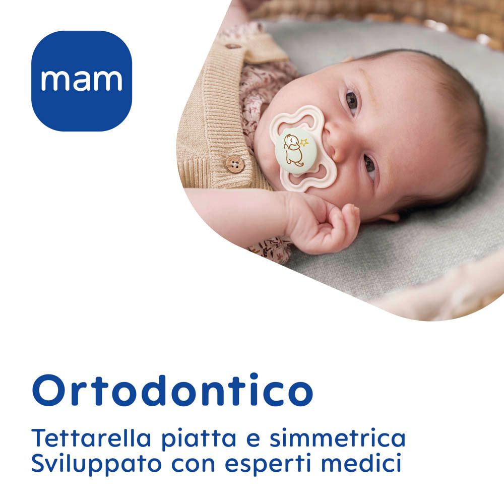 Succhietto MAM: tettarella piatta e simmetrica, sviluppata con esperti medici.
