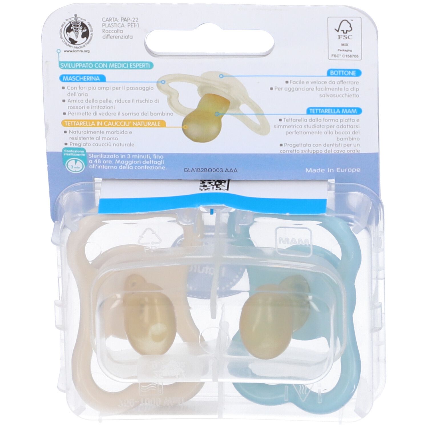 Due succhietti in confezione blister. Succhietto azzurro chiaro e beige con tettarella rotonda. Testo sul retro.