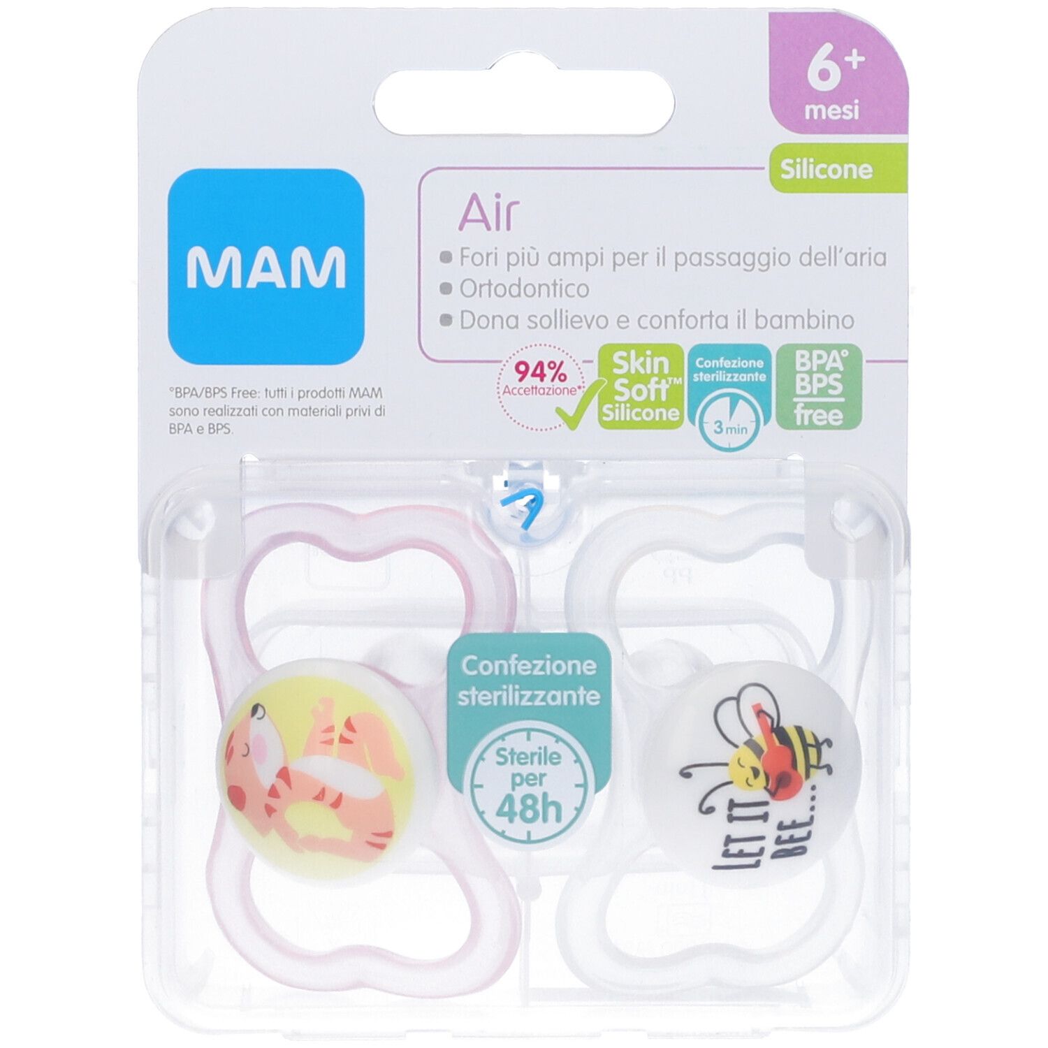 Confezione con due succhietti MAM. 6+ mesi. Silicone. Confezione trasparente.