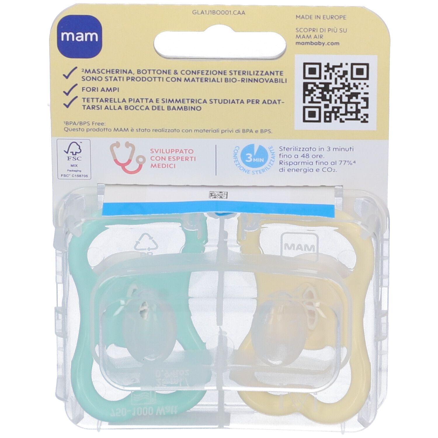 Retro confezione blister con due succhietti. Logo MAM, codice QR e testo.